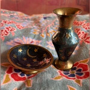 Vintage Mini Brass Enamel Vase & Dish Set | Celestial Stars & Moon